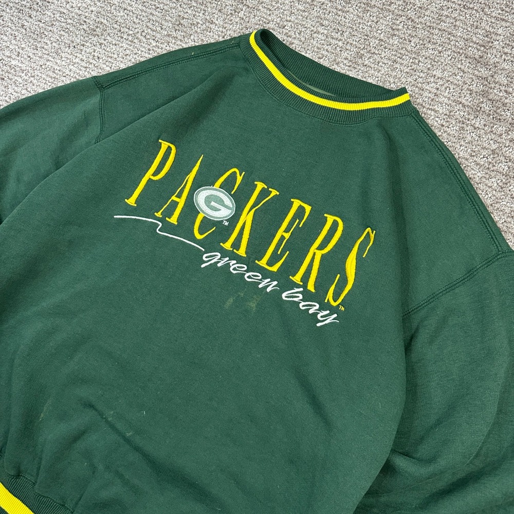 Vintage Logo 7 Green Bay Packers Sweatshirt Green Striped Trim Large - Picture 2 of 9